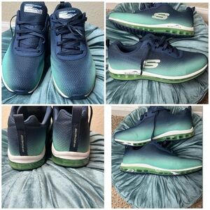 Skechers tennis shoes for women, navy blue and green